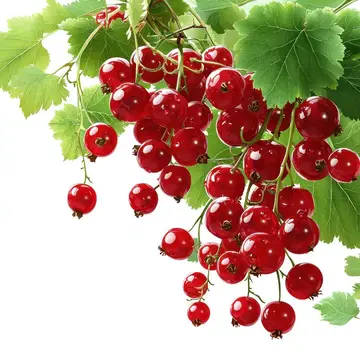 Ветка спелой красной смородины с зелёными листьями на белом фоне