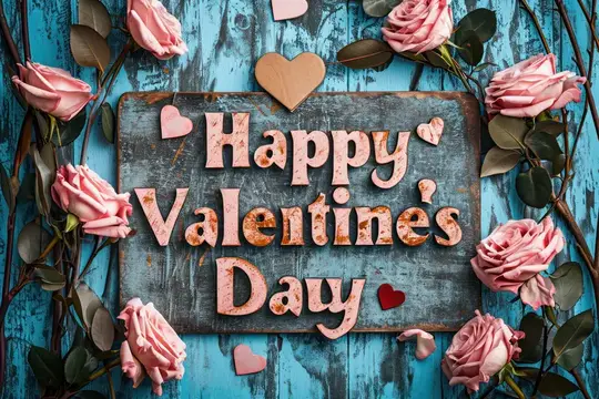 Розовые розы и деревянная табличка с надписью Happy Valentine's Day