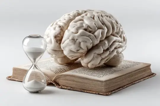 3D-рендер с мозгом, песочными часами и раскрытой книгой