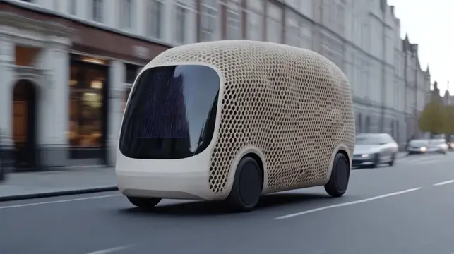 3D-рендер футуристического микроавтобуса с перфорированным кузовом на городской улице