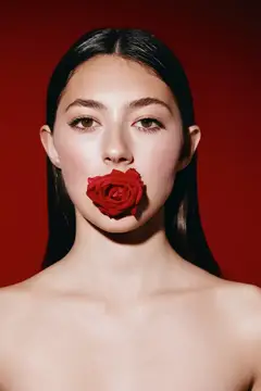 Азиатская девушка с красной розой в зубах на красном фоне