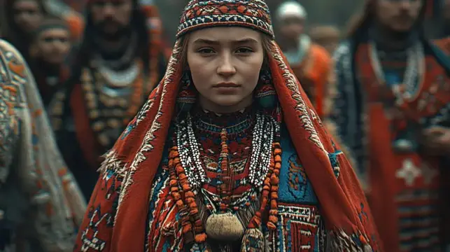 Молодая женщина в красочном этническом наряде смотрит прямо в камеру