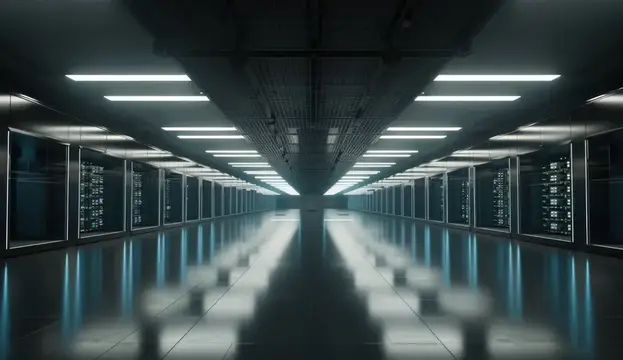 3D-рендер пустого футуристического коридора с рядами ламп и панелями
