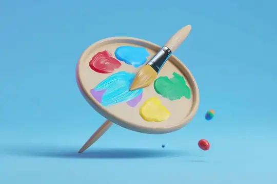 3D-рендер деревянной палитры с кистью и красками на голубом фоне