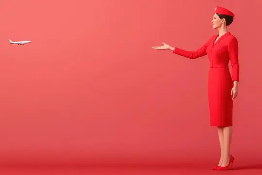 Уверенная стюардесса в ярко-красной форме жестом указывает на маленький самолет, символизируя авиаперелеты и гостеприимство