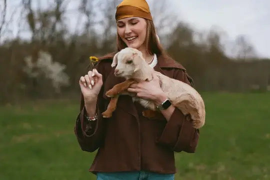 Солнечная сцена на открытом воздухе: улыбающаяся женщина и козленок на зеленом поле