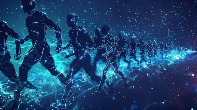 3D-рендер бегущих светящихся фигур в синем пространстве
