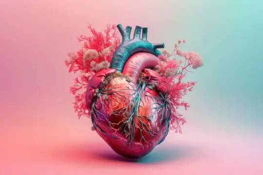 3D-рендер анатомического сердца с розовыми веточками на градиентном фоне