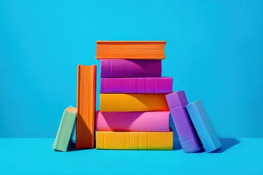 Эта эффектная композиция представляет собой стопку красочных книг в розовых, оранжевых и синих тонах на фоне безмятежного бирюзового цвета
