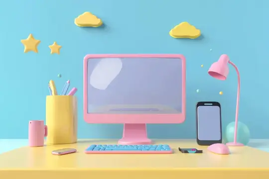 3D-рендер рабочего стола с розовым монитором и жёлтой лампой