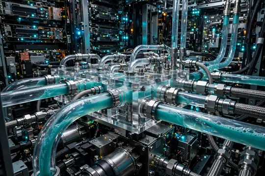 3D-рендер серверной с трубками охлаждения и светящимися индикаторами
