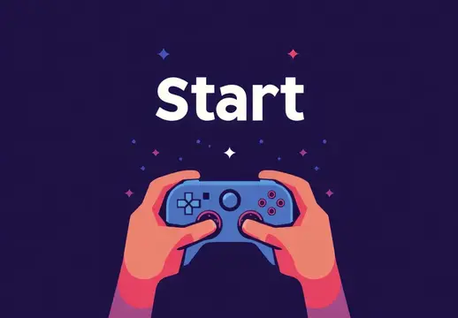 Увлекательная иллюстрация с руками, сжимающими игровой контроллер, и словом Start, выделенным крупно, идеально подходит для игрового маркетинга, мероприятий и цифрового контента