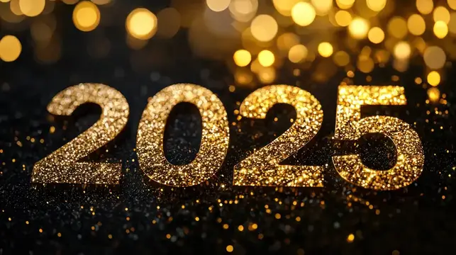 Сверкающие золотые цифры 2025 на темной поверхности в окружении размытых золотых огоньков боке