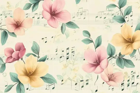Нежные розовые и жёлтые цветы на фоне нотной бумаги