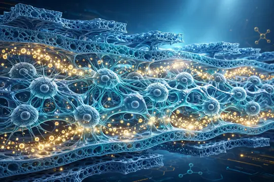 3D-рендер нейронной сети с синими клетками и светящимися связями