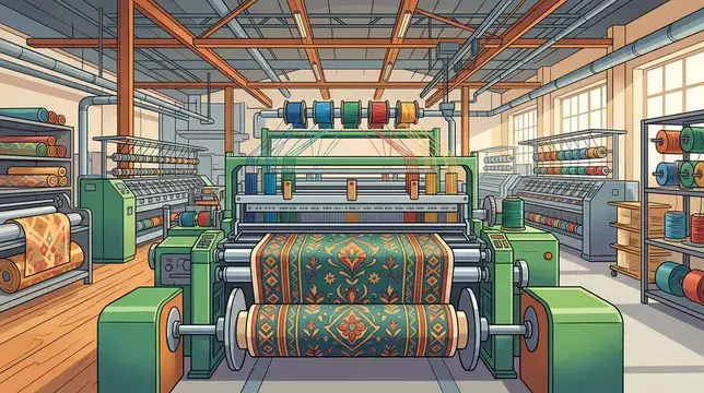 Иллюстрация ткацкого станка с узорчатой тканью на фабрике