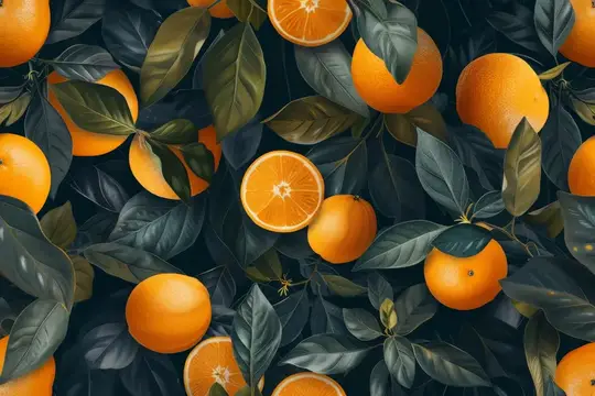 Иллюстрация с апельсинами и тёмно-зелёными листьями