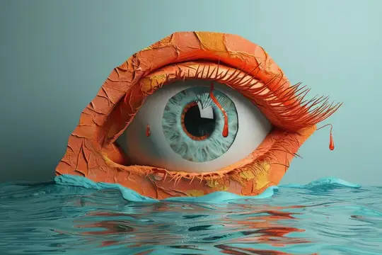 3D-рендер сюрреалистичного глаза с оранжевыми веками в воде