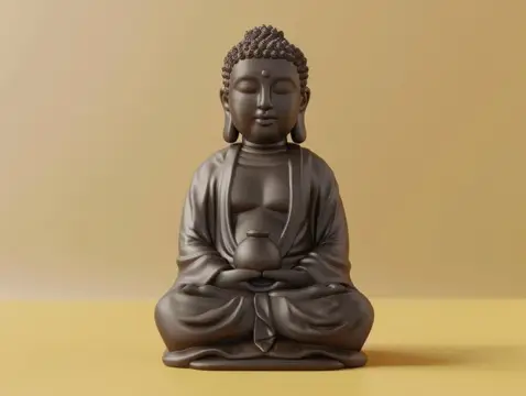 Тёмная статуэтка Будды в медитации на жёлтом фоне