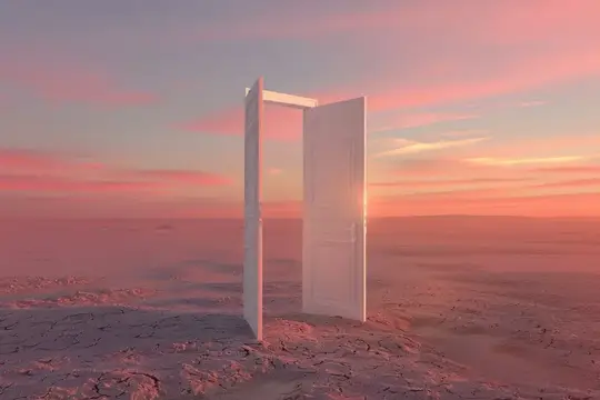 3D-рендер одинокой белой двери в пустыне на закате