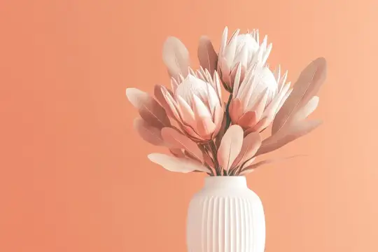 3D-рендер букета протей в белой вазе на персиковом фоне