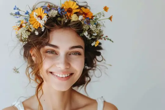 Весёлая молодая женщина с кудрявыми волосами, украшенными ярким цветочным венком, на фоне мягкого серого фона