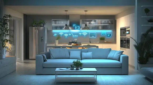3D-рендер гостиной с диваном и умной кухней в синем свете