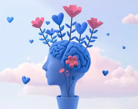 Цветущий мозг: 3D-рендер человеческой головы с мозгом в виде цветочного горшка