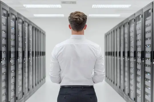 Задумчивый молодой IT-специалист в белой рубашке стоит в современном центре обработки данных, анализируя технологические решения среди рядов серверов, воплощая инновации и профессионализм