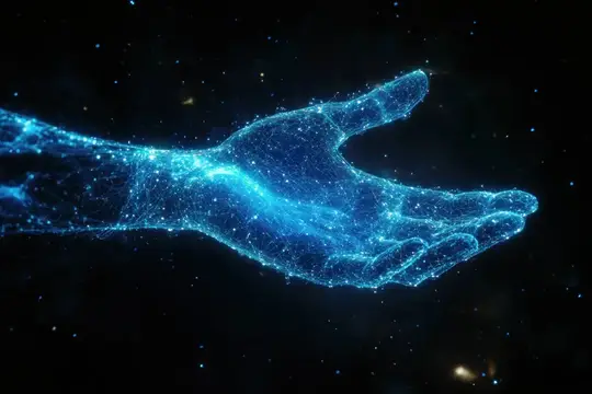 3D-рендер светящейся руки из звёздной пыли на чёрном фоне