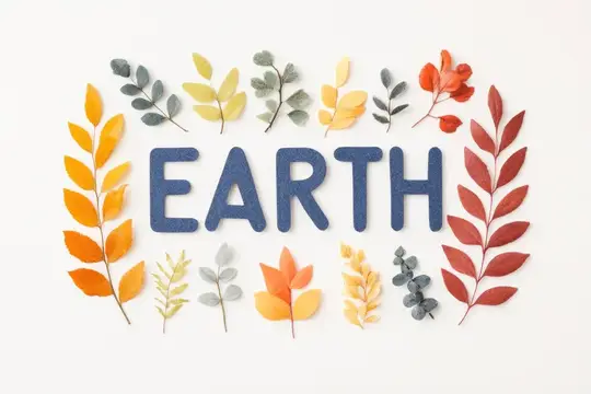 Надпись Earth из синих букв в обрамлении осенних листьев