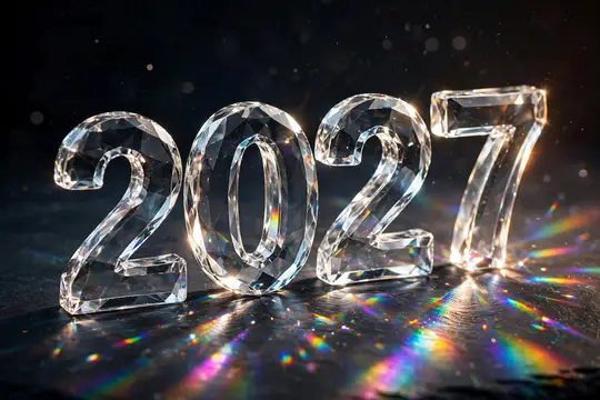 Прозрачные цифры 2027 с радужными бликами на тёмном фоне