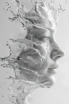 3D-рендер женского лица, растворяющегося в брызгах воды