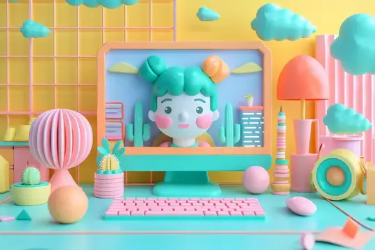 3D-иллюстрация с милой девушкой на экране компьютера в пастельной комнате