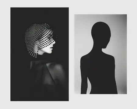 Черно-белый коллаж с точечным портретом и силуэтом