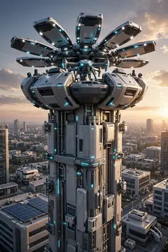 3D-рендер футуристической башни с раскрывающейся крышей над городом