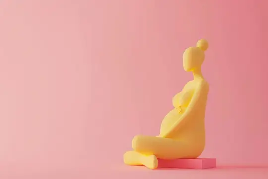 3D-рендер беременной женщины в жёлтом на розовом фоне