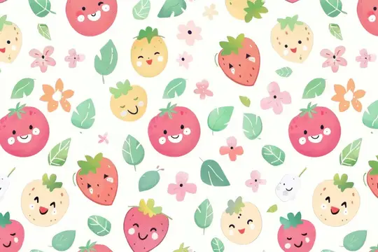 Иллюстрация с милыми улыбающимися клубничками и цветочками