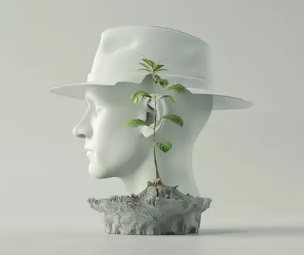 3D-рендер белой скульптуры головы в шляпе с растущим ростком