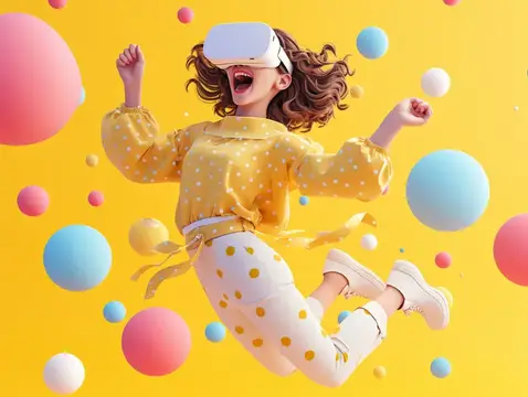 3D-рендер радостной девушки в VR-очках среди цветных шаров
