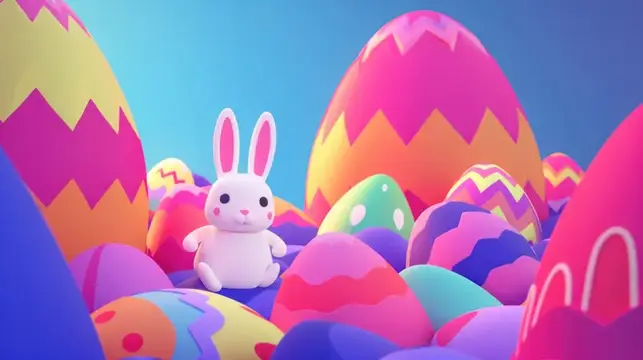 3D-рендер белого кролика среди ярких пасхальных яиц