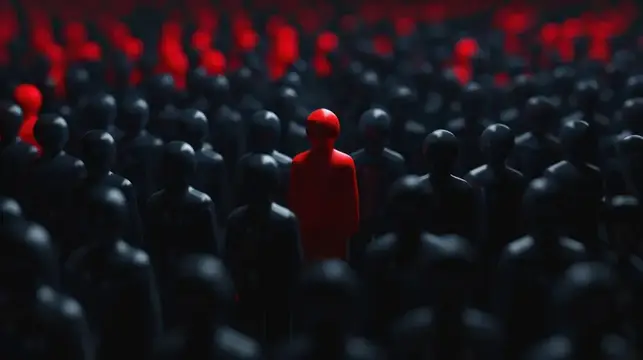 3D-рендер одинокой красной фигуры в толпе чёрных силуэтов