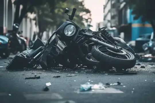Разбитый мотоцикл лежит на асфальте после аварии