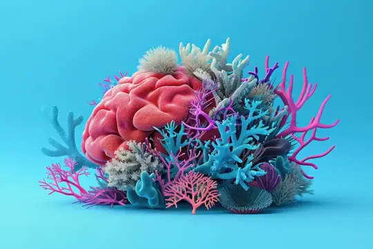 Яркий 3D-рендеринг мозга, окруженного кораллами и морской жизнью, в голубой океанской среде