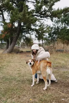 Собака, женщина, на улице, в парке, в пальто