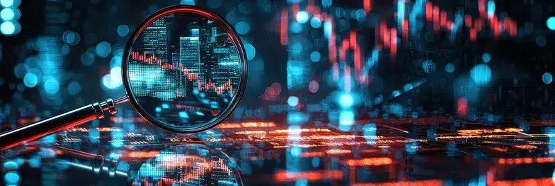 Лупа над светящимся графиком биржевых котировок в неоновых тонах