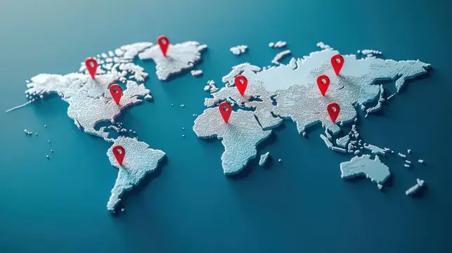 Подробная 3D-карта мира с несколькими красными маркерами местоположения, подчеркивающая глобальные связи и возможности для путешествий в разных регионах земного шара