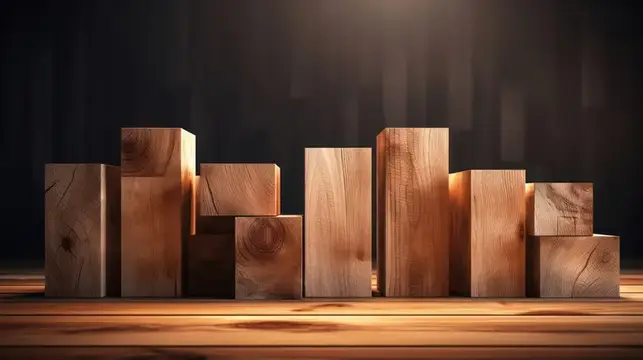 3D-рендер деревянных брусков разной высоты на тёмном фоне