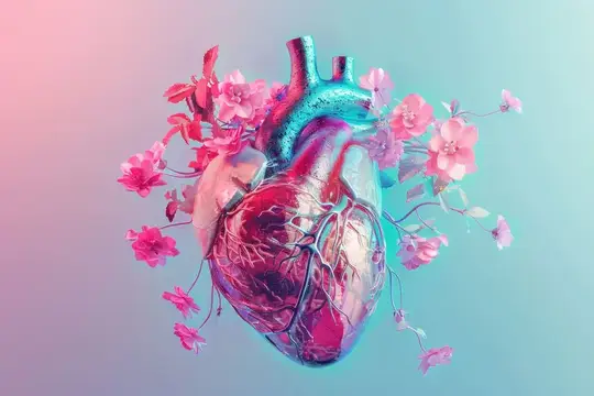 3D-рендер анатомического сердца с розовыми цветами на градиентном фоне