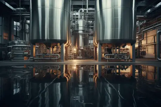 3D-рендер интерьера пивоваренного завода с металлическими резервуарами